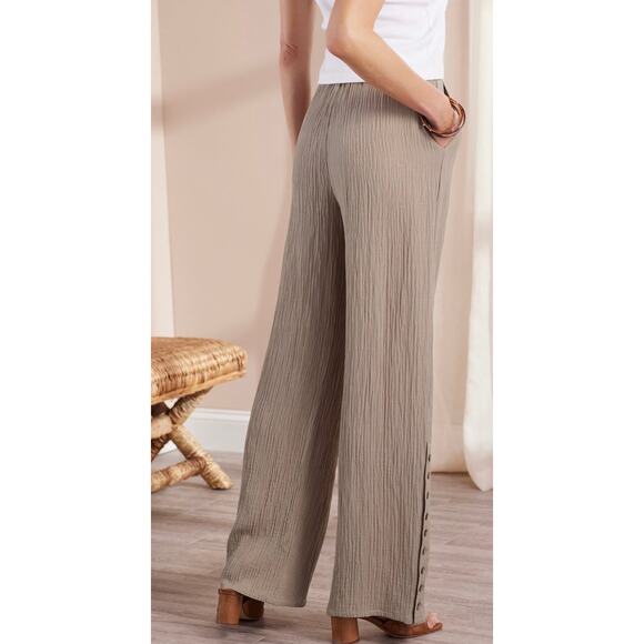 SOFT SURROUNDINGS Wide Leg Pants Womens Oceo Gauze Size Medium Taupe Tan NWT - Picture 2 of 14